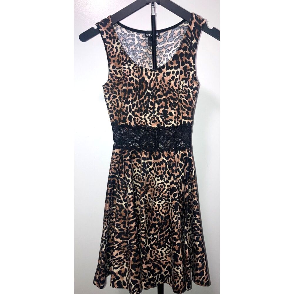 Wet Seal Leopard Print Skater Dress Black Lace Waist Insert Y2K Indie Sleaze